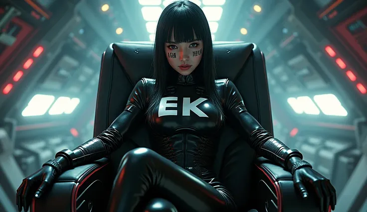  Best Quality ,  masterpiece ,  ultra high resolution , ( photorealistic :1.4),  RAW photo, 1 girl, cabello oscuro,  dramatic lighting ,  full body, bitch, Gantz style body ,  big breasts,  On my way to shopping,  Sitting on the captain &#39;chair in the c...