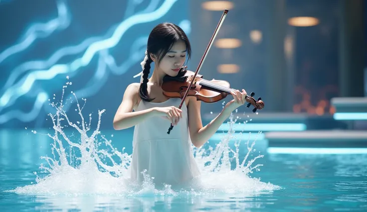 close-up shot to face of A  Asian girl with two braided pigtails tied with white ribbons, playing the violin passionately on a wide futuristic stage. She wears a short white dress, stands on a splashing surface resembling a glowing pool of water. The space...