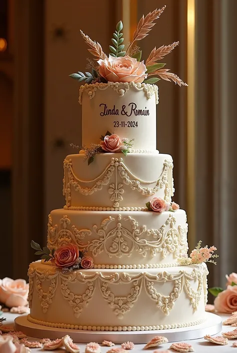  Stunning Wedding Cake,  brown and beige colors , inscription "linda & Romain 23-11-2024" sur le gâteau.