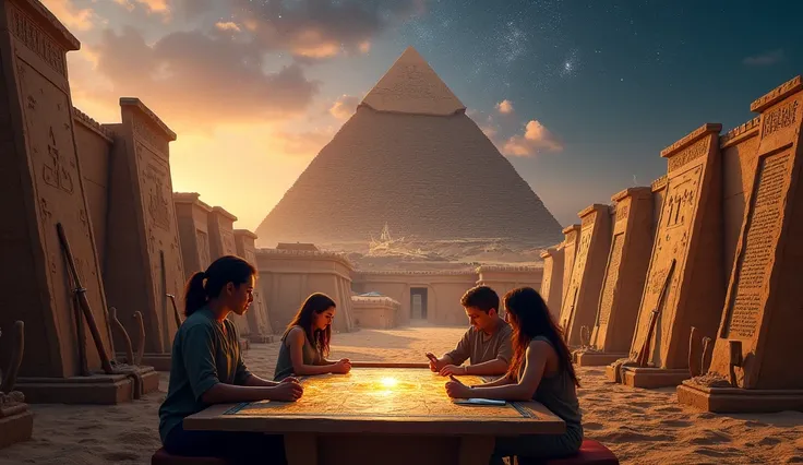 "In a dynamic scene set against the backdrop of the Great Pyramid of Giza under a twilight sky, two contrasting groups are depicted. On one side, archaeologists analyze ancient tools, such as sledges, ropes, and plumb bobs, displayed alongside partially re...