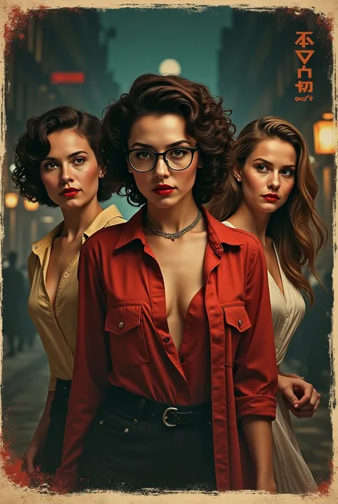  Create a poster exactly the same as the one in the movie The Escaped (1955, Le Chanois )  by replacing the 3 men by 3 women  :  the first one has curly dark brown hair and glasses, The 2nd the medium long curly hair ,  the 3rd the long dark blond hair 