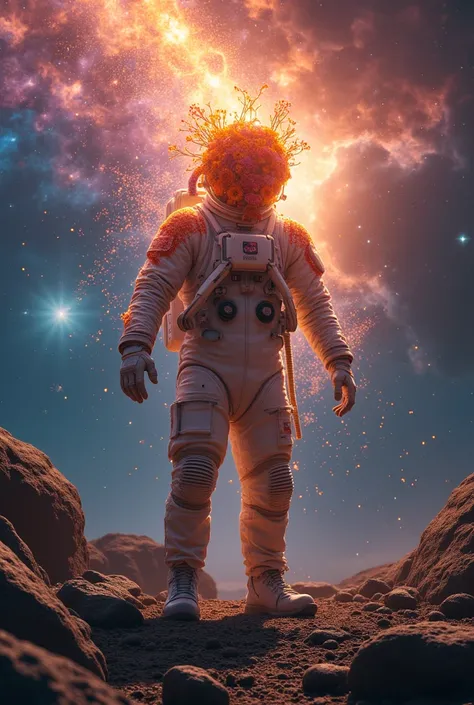 A hyper-realistic and highly dramatic image of an astronaut standing amidst an asteroid field, with radiant flowers bursting out of their helmet, intertwining with glowing cosmic vines that spiral into the void. Their suit is torn, exposing shimmering star...