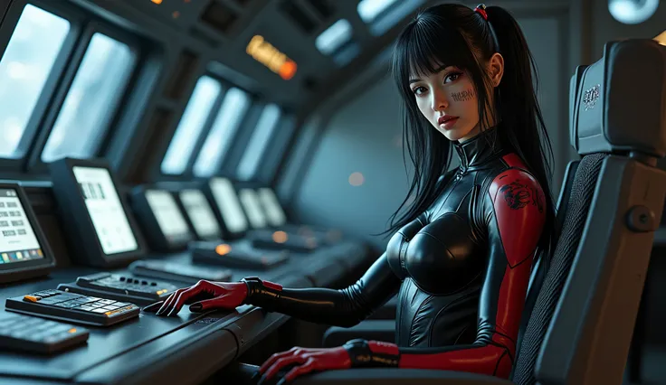  Best Quality ,  masterpiece ,  ultra high resolution , ( photorealistic :1.4),  RAW photo, 1 girl, cabello oscuro,  dramatic lighting ,  full body, bitch, Gantz style body ,  big breasts,  On my way to shopping,  Sitting on the captain &#39; chair in the ...