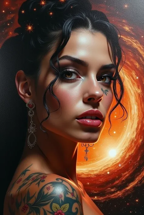  As a background a dramatic oil painting by Luis Royo of the bib bang, in the foreground the full face of a Royo style fierce girl’face covered with tatoos 30-megapixel, Canon EOS 5D Mark IV DSLR, 85mm lens, sharp focus,
intricately detailed, long exposure...