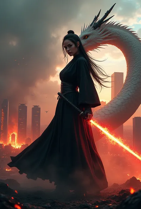 Cyber punk style action movie poster of a beautiful Indonesian woman in cyber punk style wearing a black robe carrying a fire katana weapon in company with a white dragon against a background of burning city ruins 