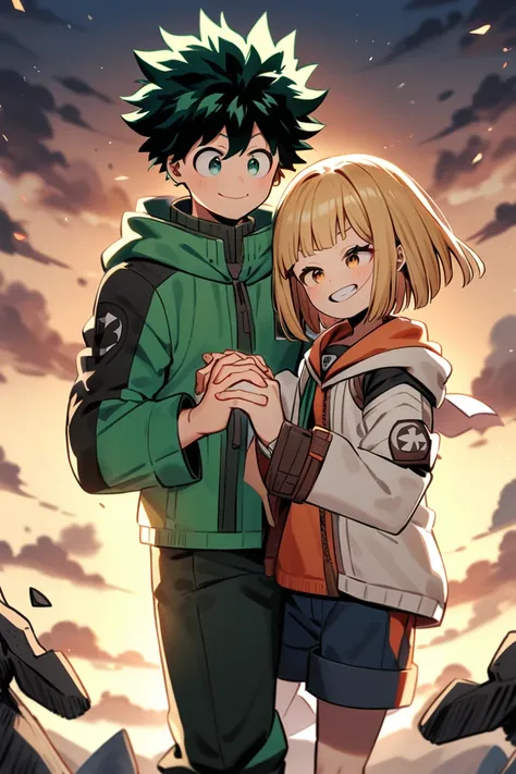 Izuku with midori, smiling 16-year-old boy with blue-green hair and Katsuki Bakugo bitter boy always angry 17-year-old with pointed ashen blond hair, both boys holding hands  