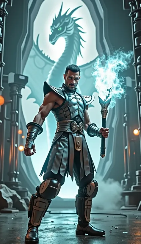 Freddie Mercury in a Mortal Kombat outfit, tactical clothing with a gray shine as if it were metal, adorned with metal pieces. He will be facing the photo, his face has to be in the direction of the camera, doing a martial arts pose, he is controlling iron...