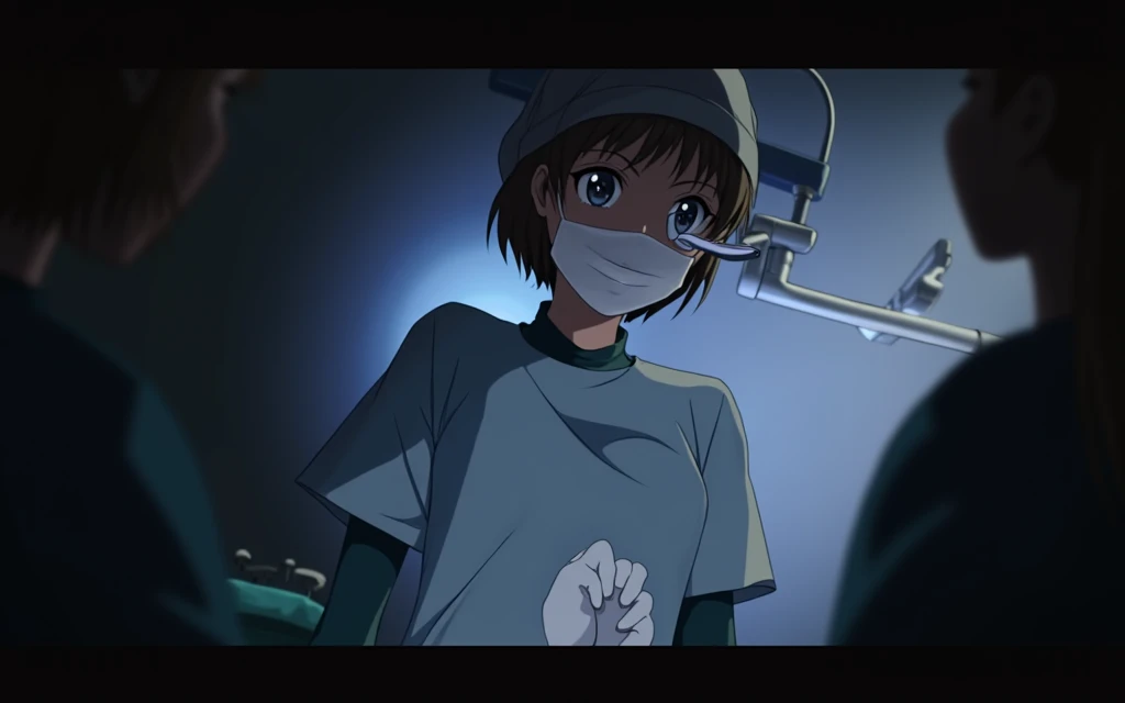 A anime bishoujo female surgeon wearing a surgical gown a bouffant cap a surgical mask surgical gloves and surgical loupes over her eyes standing in the operating room