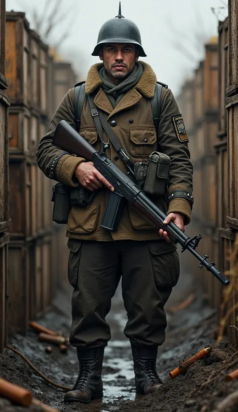  German soldier in brown uniform with black details. Prussian pointed helmet. World War II machine gun with bipod . Ammo boxes . trench 
