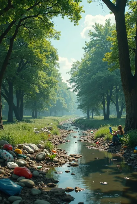  Create movie poster for the movie  "Wake up"  with the following realistic description .  A park in transition—from a polluted scene,  filled with garbage ,  to a clean and vibrant space ,  full of life and nature . With a hiker with his back and long hai...