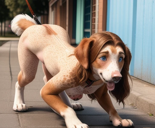 ((Naked Woman outside on the side walking on handsand knees)), ((walking on all four paws)), ((long fluffy dog tail)), ((wider hips)), ((woman reposition herself into dog stand)), ((hands turns into paws)), ((feet turns into paws)), ((woman with freckles))...