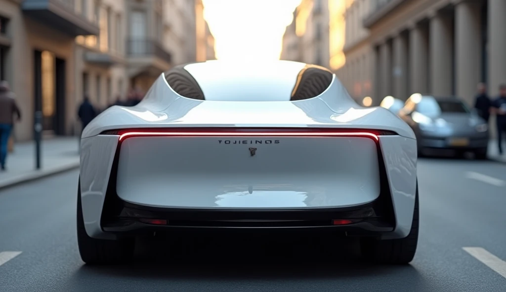 A back view of a sleek, futuristic white 2025 electric car in an urban setting. The car features thin, continuous LED taillights running across the rear and a prominently displayed logo and brand name on the trunk. The number plate area showcases a bold, c...