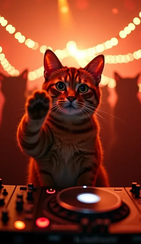 A close-up of DJ Cat, he raises his paw in greeting, the camera focuses on his charismatic gaze. The background remains warm and garland-lit, the dance floor is visible behind as a blur of silhouettes of cats who continue to party. The cosy party atmospher...