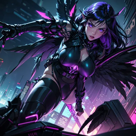 (MaleficentWaifu:1), solo, horn, cyberpunk, dystopian, glowing neon lights, sfw, city at night, dynamic angle, black leather vest, (blue and purple hues), (black feathers), busty, see through mesh panties, legs spread wide open, open legs, dynamic action p...