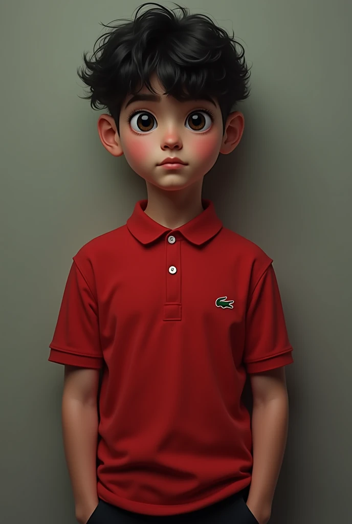  curly black hair, brunette male teen , open nose, Lacoste red shirt, black shorts ,  black eyes  