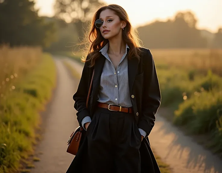 ultra realistic image of a woman, brown hair, part of her hair behind her ears, black and white striped dress shirt, black wool overcoat, brown leather belt with a long black wool skirt, leather boots with heels, standing with hands in the pocket of the co...