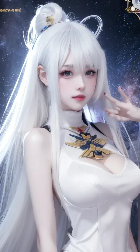 masterpiece, best quality, Surreal, Super detailed, 8K resolution, original photo, sharp focus, (1 girl), alone, gorgeous face, Perfect body, adult, 22 years old,  white hair, Mecha, White wedding dress, stand，whole body, Sexy, full stature, cinematic, Lik...