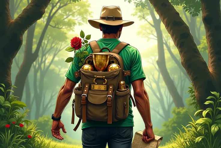 Un dessin d’homme qui fait un safari dans une forêt africaine et porte un maillot de foot vert et rouge la photo et de dos et porte un jean noir et un chapeau de safari et dans sa main une rosé rouge et la main droite une carte  et un sac a dos de safari q...