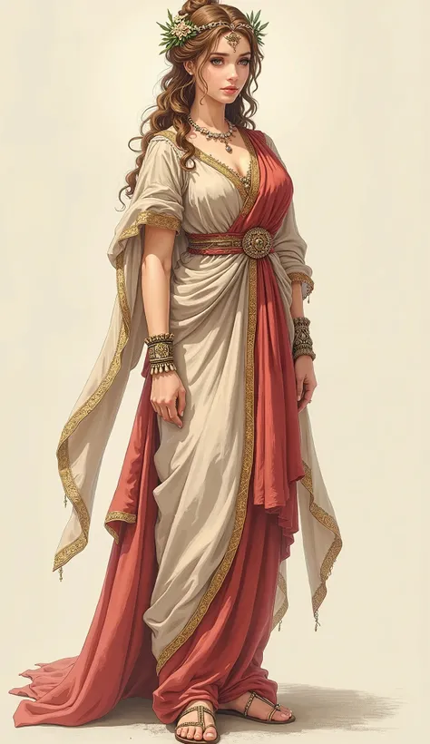 anime art. full-length drawing of a girl.  in 19th century,  if the Roman Empire hadnt collapsed and retained its majesty , , the princesss appearance would be spectacular and majestic ,  combining ancient traditions with fashionable ones with the trends o...