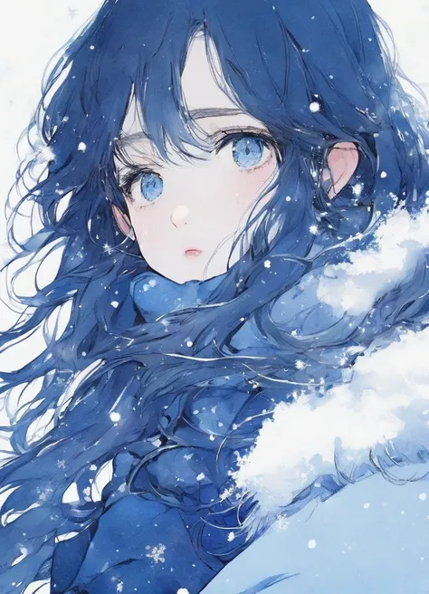 [ girl、light blueの髪、Long Hair、Sparkling Hair]， blue and white background , (真っwhite風景), (white), (snow), ❄️, winter, Pouting mouth, light blue,