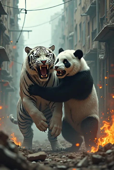 A white tiger clutching a scary panda by the neck against the background of destroyed houses and fire simulating a cold war