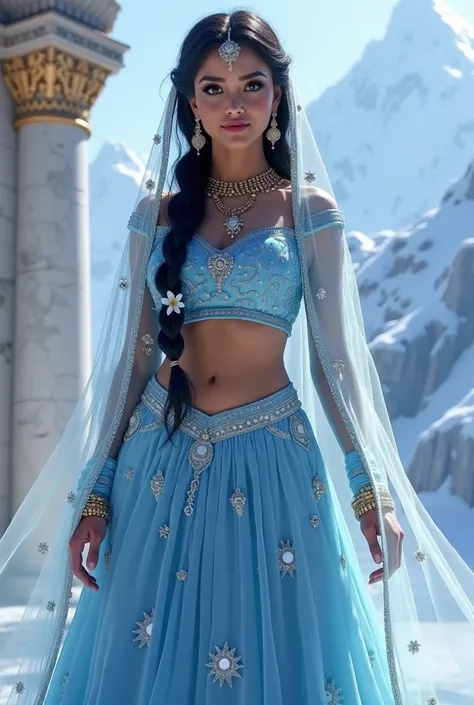 " An Indian version of Elsa from Frozen ,  represented as an Indian princess .
 She has long, dark hair with blue reflections ,  makeup braided in a traditional style with jasmine flowers decorating the braid .  Her skin has a bright tan tone ,  and their ...