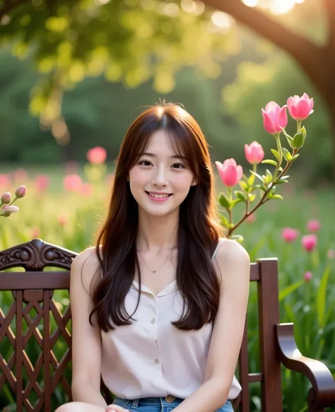 A young Asian woman with a warm smile and gentle eyes sits on a intricately carved wooden bench amidst lush greenery, surrounded by delicate pink flowers with velvety petals and tender green leaves. Her dark hair cascades down her back like a waterfall of ...