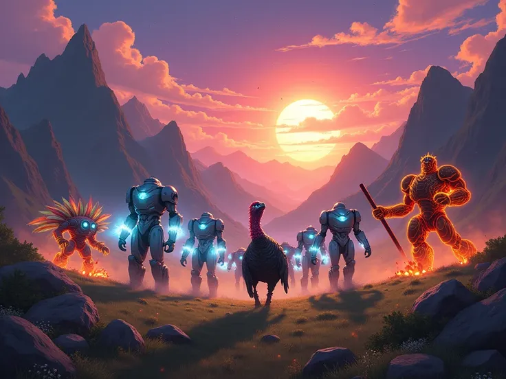 An epic battle set in a vast valley surrounded by towering green mountains, beneath a dramatic sky painted with vibrant colors of purple and orange at sunset. At the center of the scene, an army is composed of three unique species:

A legion of futuristic ...