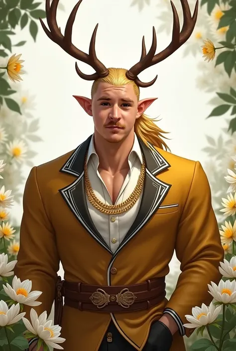 A male elf with both pointed and rounded ears, sporting brown deer antlers. His blonde hair is tied back into a ponytail, with the sides shaved. He has a robust, little overweight physique. He wears a very elegant mustard-colored suit, reminiscent of a wea...