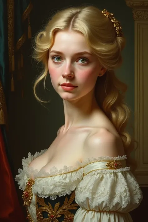 Make such a noble period woman with a white complexion, blonde hair and green eyes