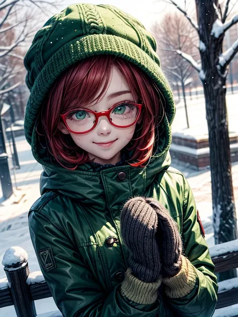 Short,  red hair ,  green eyes ,  metal-framed glasses, green hat , green winter jacket , green mittens,  smiling girl in a snowy park.