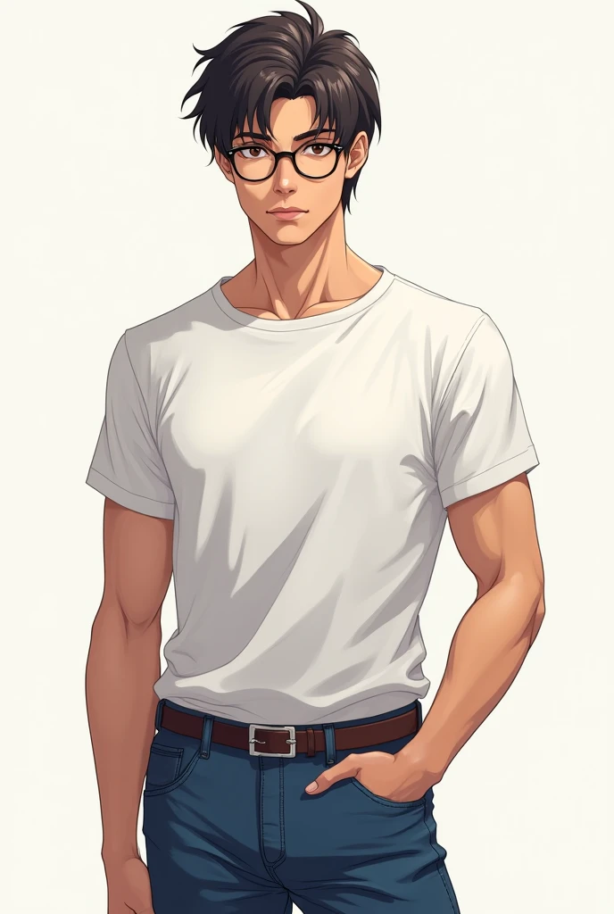 Create an anime image of a person with looks and characteristics of arjuna character in mahabharatha and the person wearing white classy tee shirt with blue jeans with decent and classy look in spectacles and decent hairstyle 