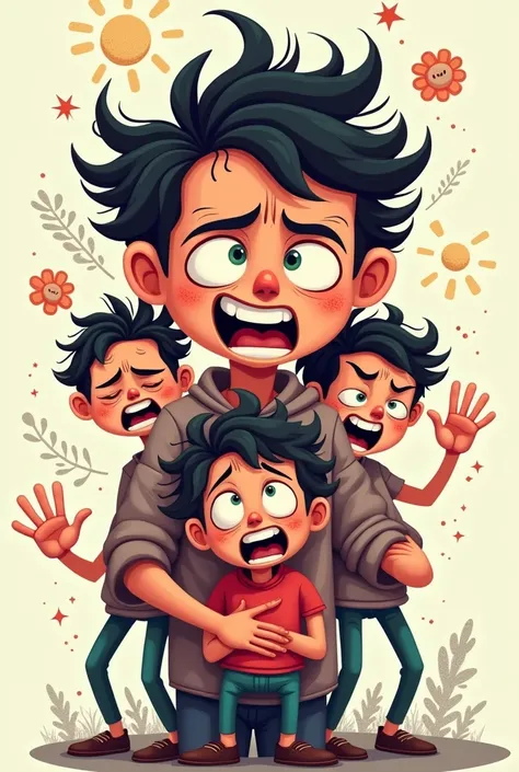  Do the following emotions in a single cartoon image: , anxiety, Ira, sadness, depression and displeasure 