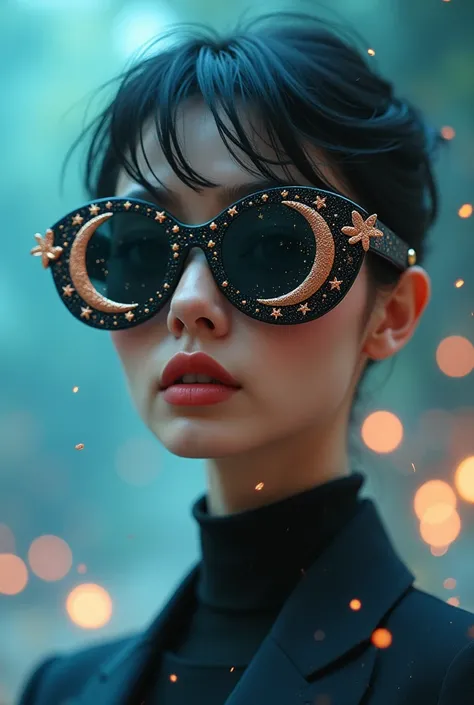 The model wears glass sunglasses with stars and the moon on the glass. Video 