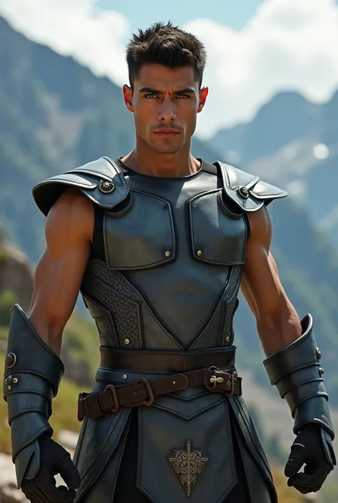 Full body photograph of an athletic, beautiful young man with short dark hair and golden eyes. He exudes an air of danger and wears gray leather armor. He stands in a mountainous surrounding.