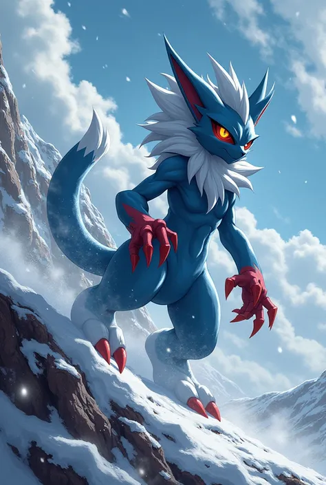  Pokémon Zeraora 80s anime style with claws with blood and standing on a mountain with a blizzard of snow, darkfantasy style 