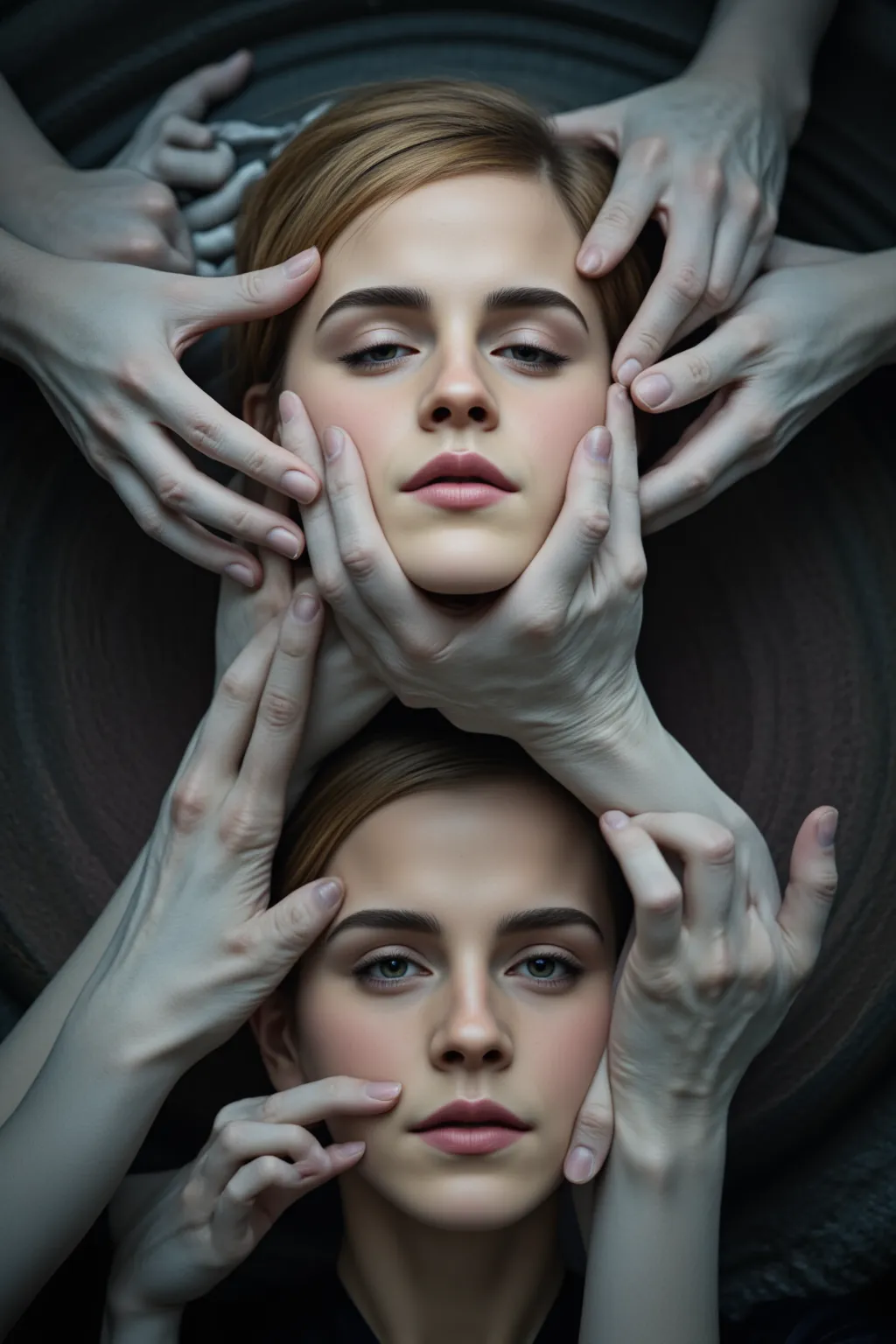 (masterpiece, best quality, high resolution), white zombie hands emerging from a singularity, emma watson's sleeping face, many ...