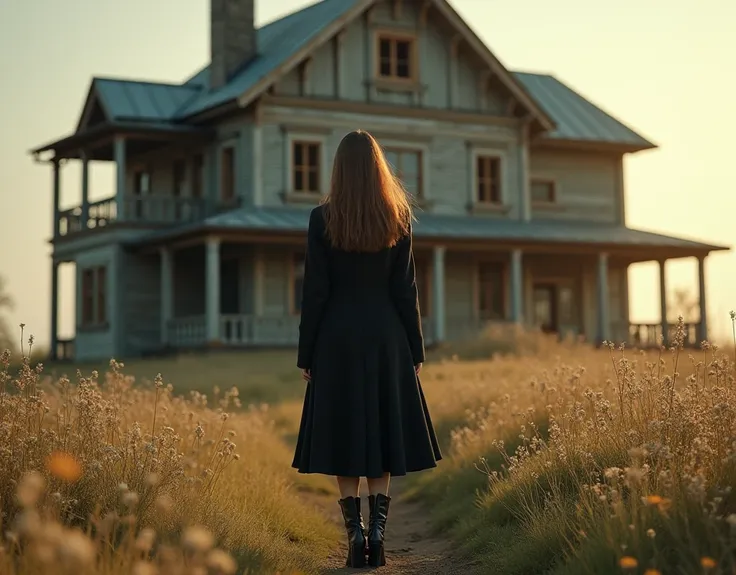 ultra realistic image of a woman from the back, brown hair, wearing a black wool overcoat and a long black skirt, leather boots with heels, facing a large abandoned wooden house, with a balcony and chimney, a garden with wild flowers in the field, sun rays