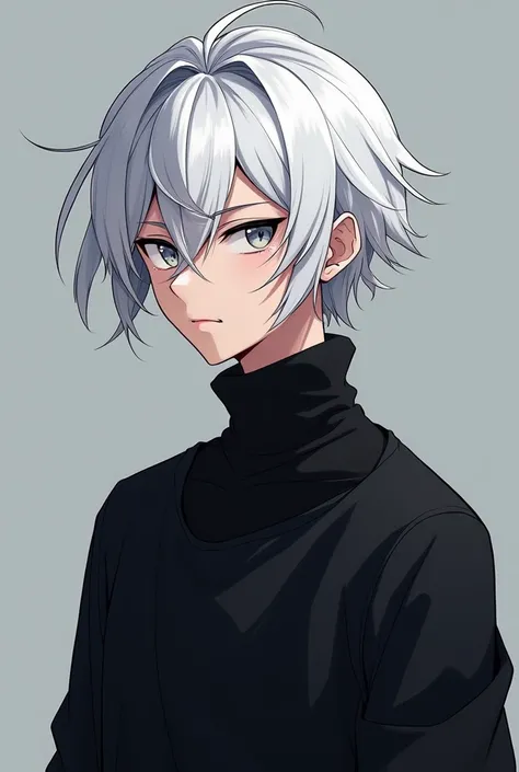 A guy in his 20s with white hair and gray eyes of a medium build dressed in a black anime sweater 