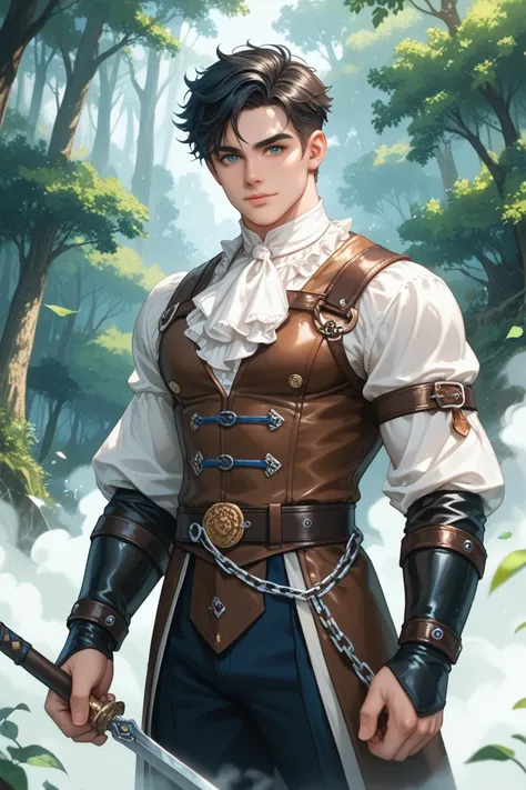  A young human of approximately 25 years old , with light brown skin, short black hair and an athletic physique, strong and tall.  He wears adventurous and battle style clothes ,  in dark tones such as coffee and deep blue ,  with details in leather and re...