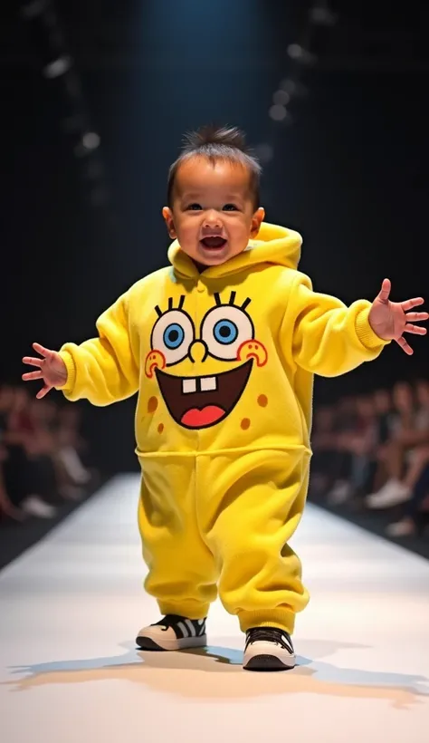 A baby boy model wows the crowd on the runway cosplaying Spongebob Squarepants. His excited grin and playful stance add to his charm. The lighting brings out the plush details of his clothes.