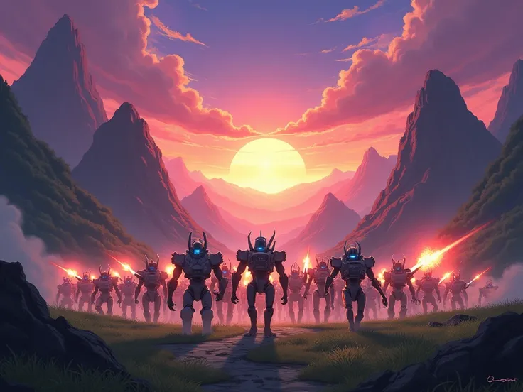 An epic battle set in a vast valley surrounded by towering green mountains, under a dramatic sky painted with vibrant shades of purple and orange during sunset. At the heart of the scene, an army is composed of three unique species:

A legion of futuristic...