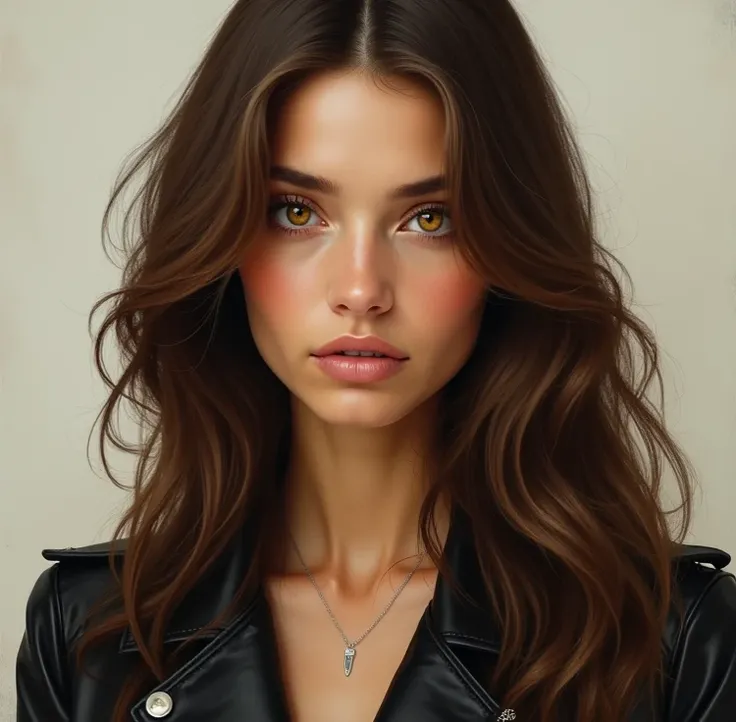  A beautiful young woman with long brown hair and beautiful yellow eyes,her eyes stand out ,She has a black leather jacket ,She is serious ,Royal oil painting