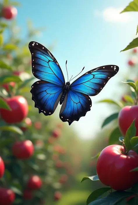 A blue and black butterfly flying over apples