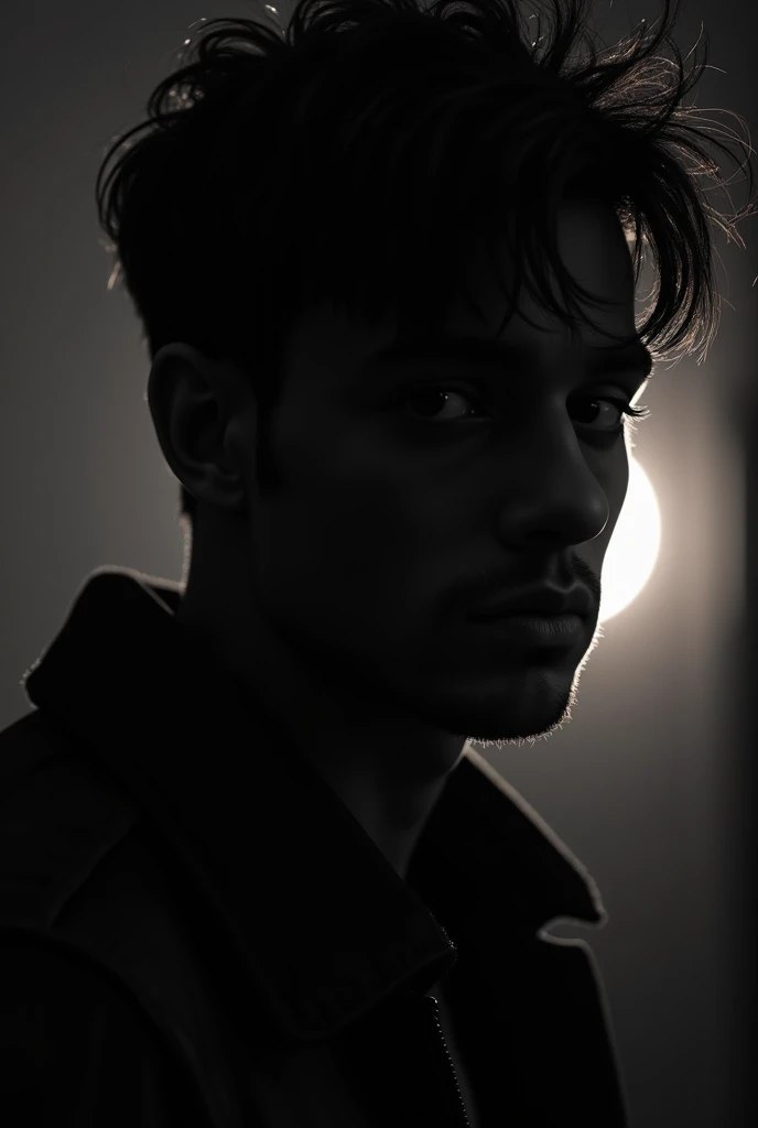  silhouette ,  8k Ultra HD, Realistic photo of what a male character from dark romance would look like looking at Hunter Eyes with a bad boy vibe from the front where you can take a good look at his face