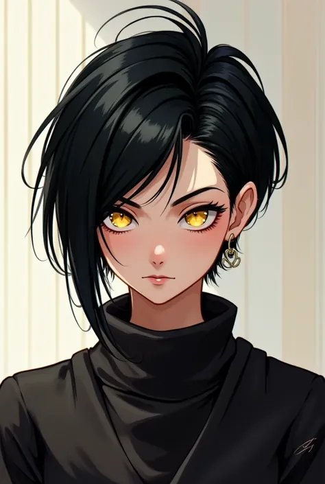 A girl with black hair, manly cut and golden eyes in 2d animation