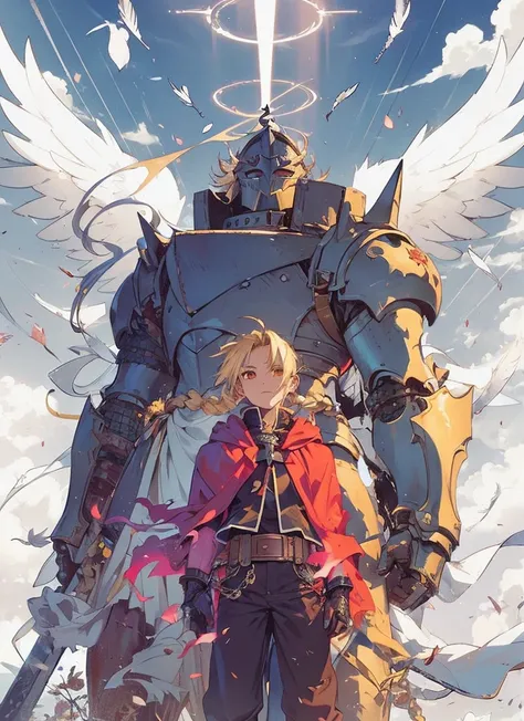 A dramatic anime-inspired artwork featuring a young, determined warrior with blonde hair tied in a braid, wearing a flowing red cloak and dark attire with metallic gloves. Behind him stands a towering, protective knight made of silver armor, with glowing r...