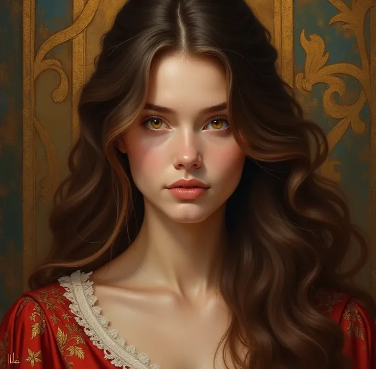  A beautiful young woman with long brown hair and beautiful yellow eyes,her eyes stand out ,She has a ponytail,Royal oil painting