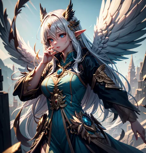  Fairy fairy character ，Non-human ，Medium female body ，Light golden long short hair ， Smooth brown skin , Light tattoo on skin ，beautiful，精緻beautiful黃色眼睛,   forehead covered with an owl tip armor， Ears are owl pointing up Wings ， Hair decorated on both sid...