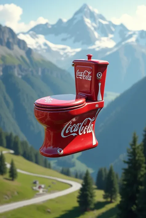 A flying toilet shaped like a Coca-Cola in the Swiss Alps 